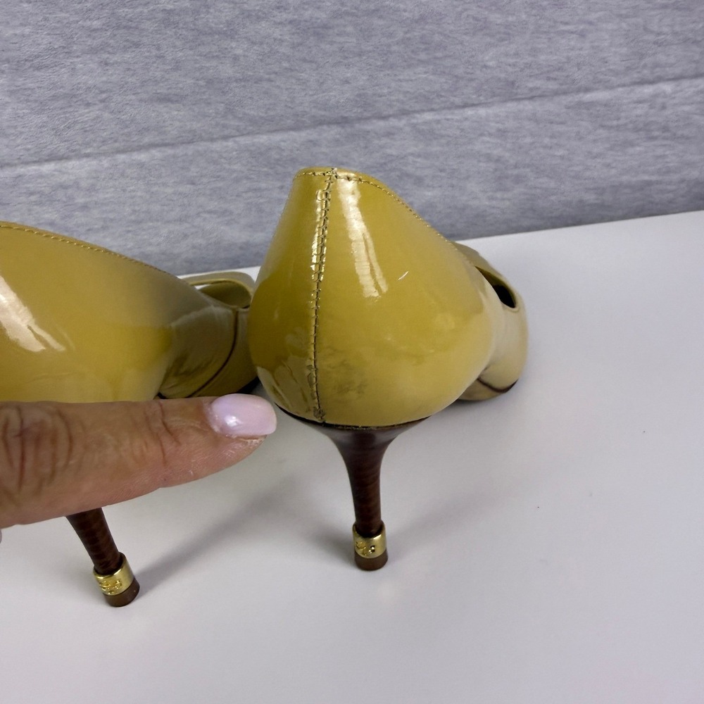 Tory Burch Womens Pumps Heels Yellow Peep‎ Toe Patent Leather Stiletto Shoes 7M - Picture 6 of 14